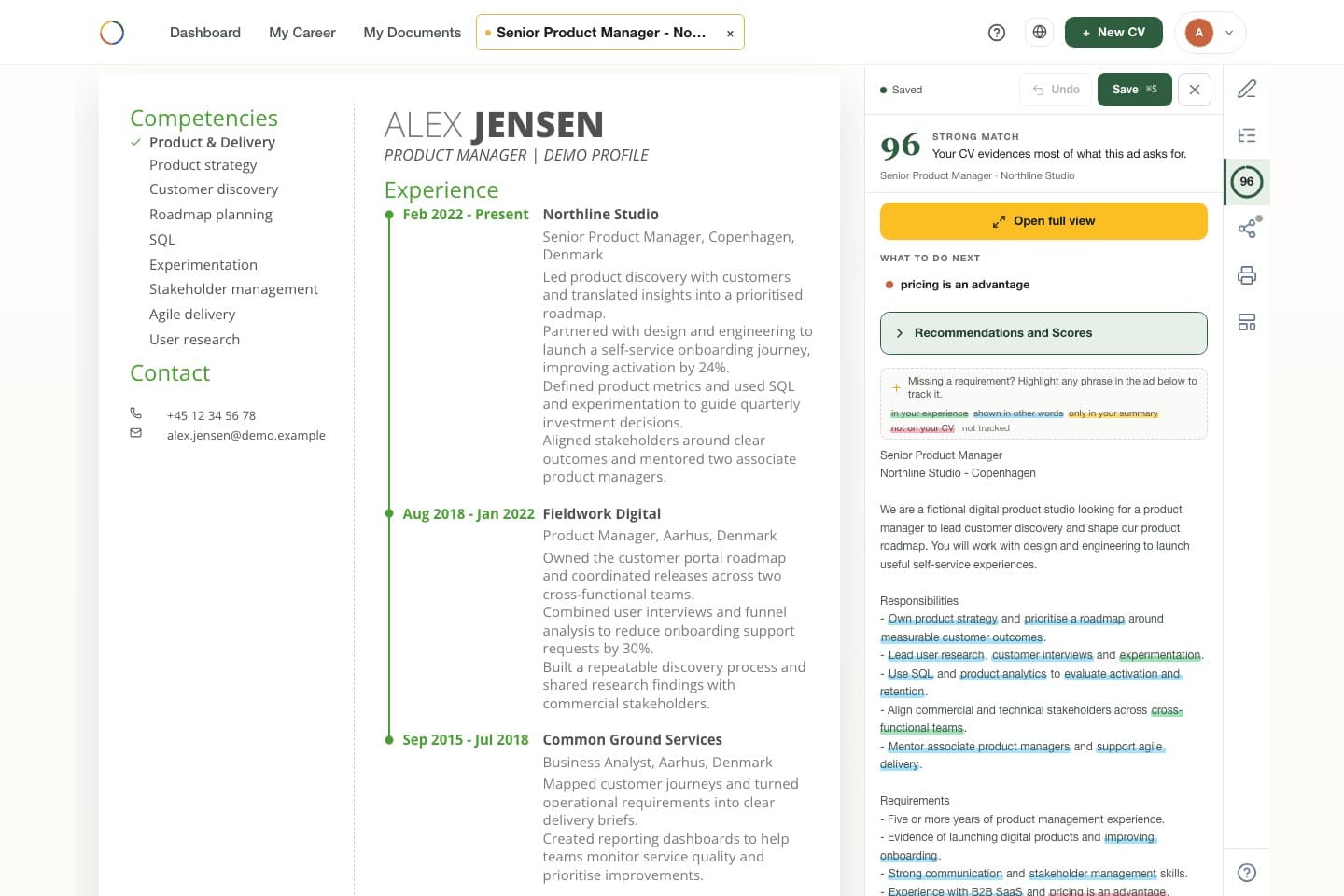 A job advert marked against a CV, showing what it proves and what is missing