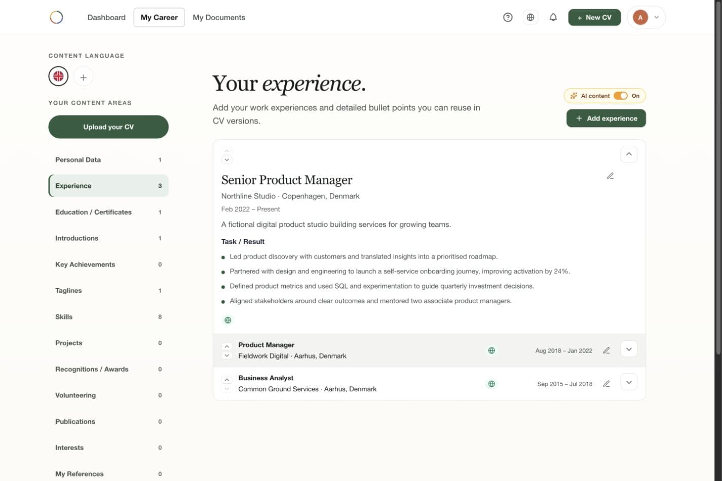 My Career, listing the roles and skills a CV is built from