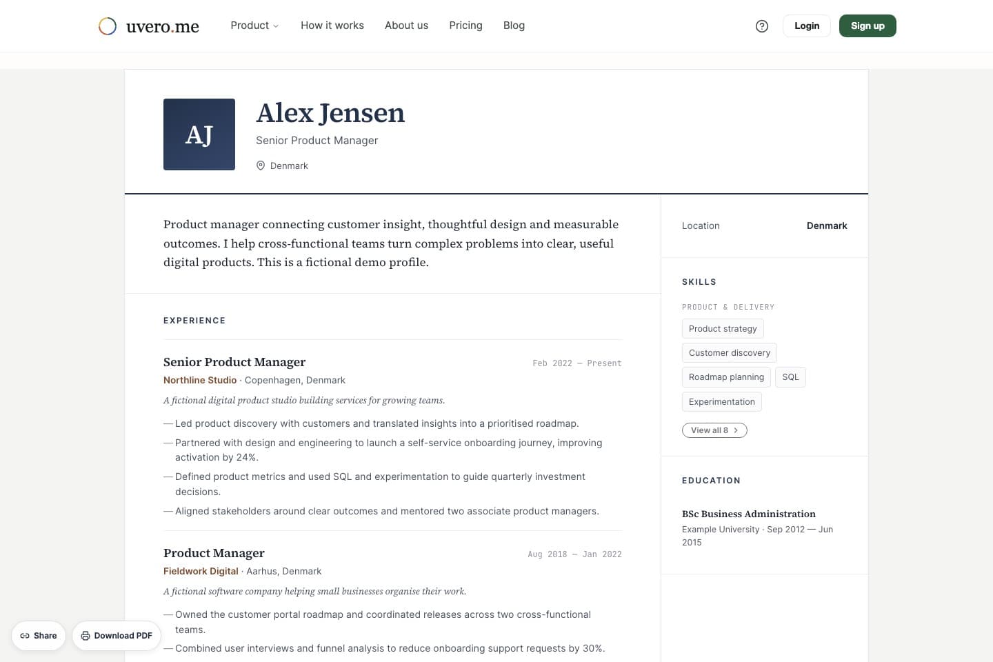 A published career profile, as a visitor sees it