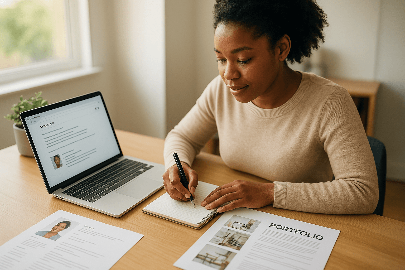 A professional reviewing search results and taking notes at a bright desk.