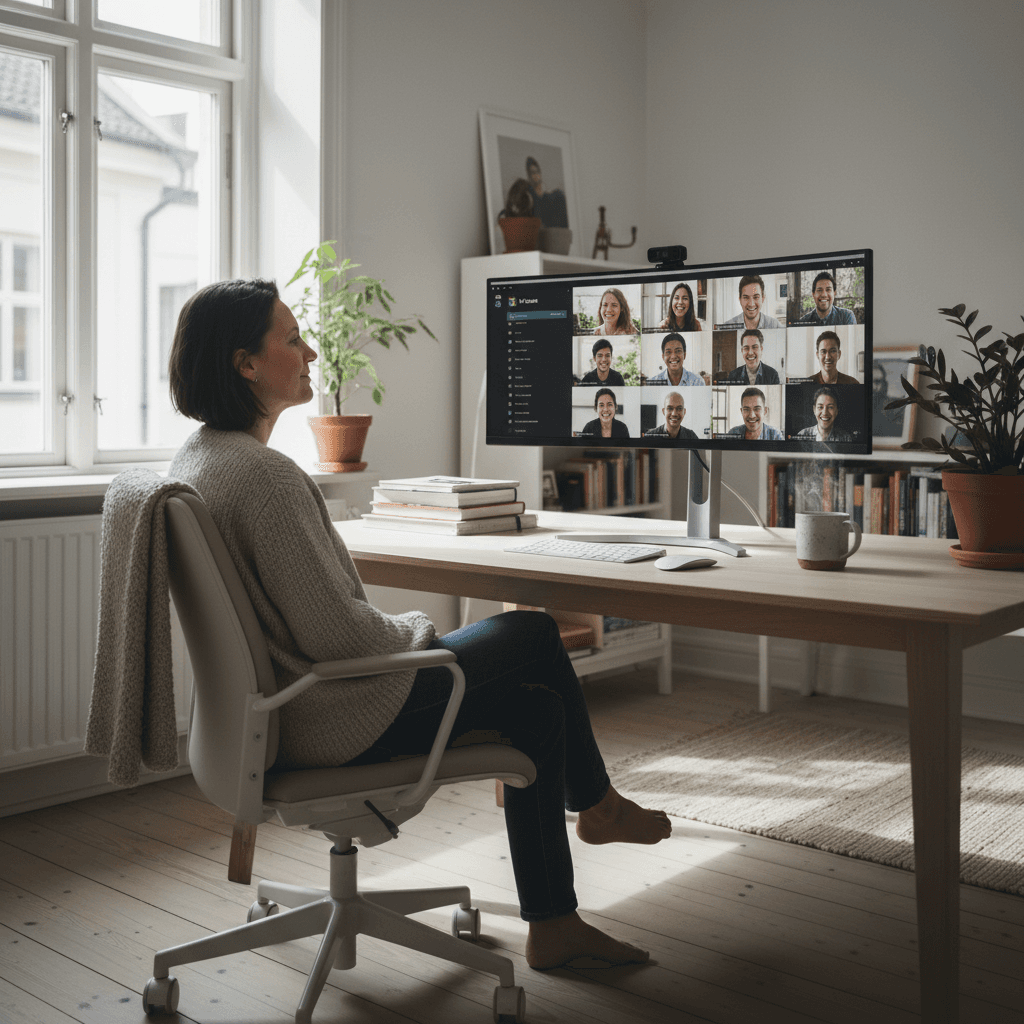 A person working from home in a bright Nordic room, sitting at a wooden desk facing a wide monitor filled with a video call grid of colleagues.