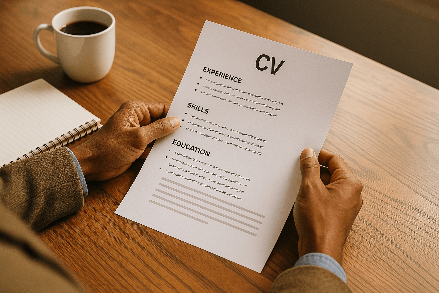 Printed CV with clear headings laid out on a table alongside a notebook and coffee.