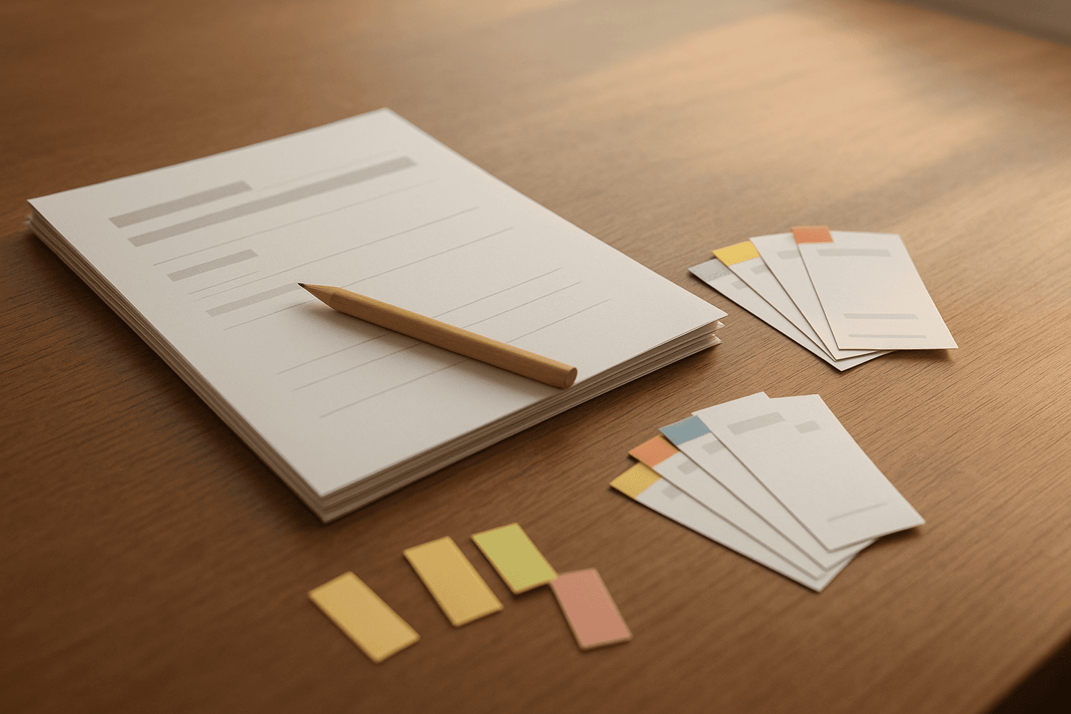 Master CV stack face-down with fanned module cards and coloured tabs on a wooden desk.