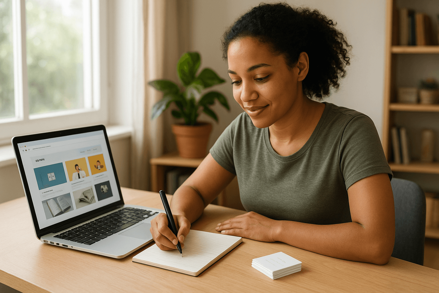 Young professional at a bright desk, focused on enhancing their personal brand with a laptop and notepad.