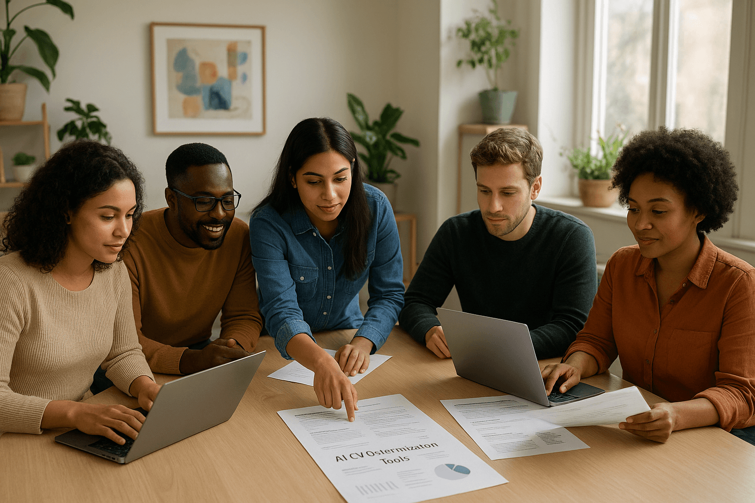 A diverse group of professionals collaborating on CV optimization tools in a bright modern workspace.