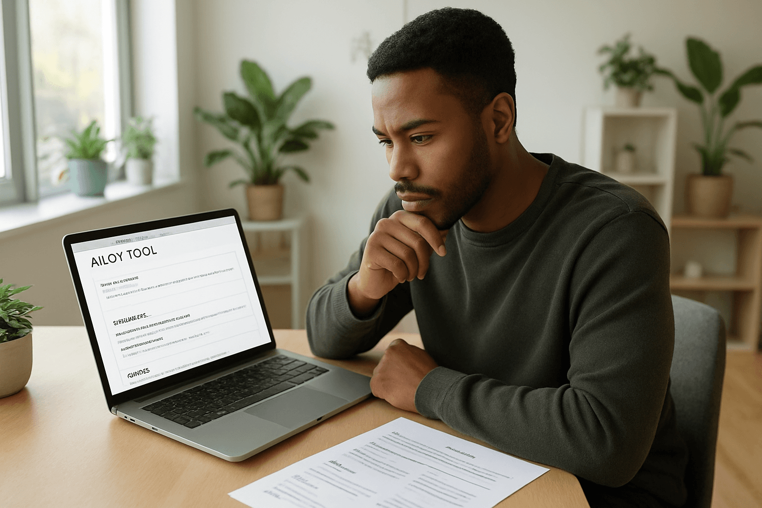 A tech professional reviewing an AI CV tool on their laptop in a bright modern office.