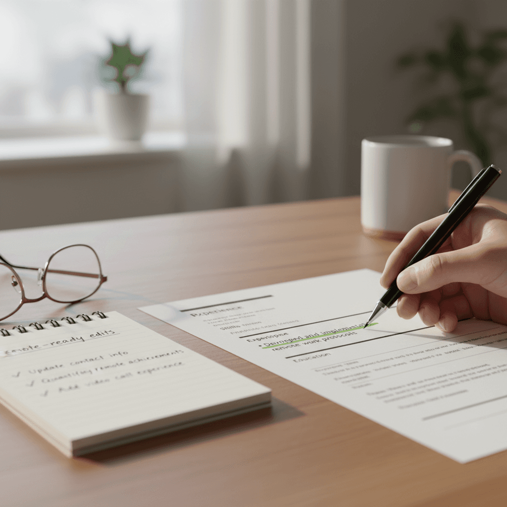 Printed CV with highlighted bullet points and a pen marking changes