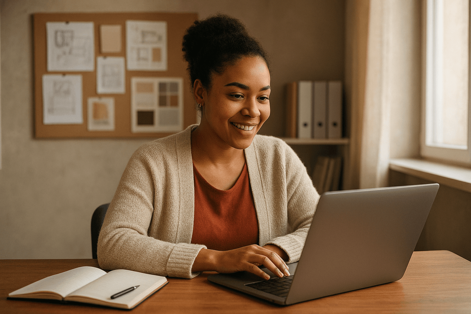 A professional discussing work during a video call with project material nearby.